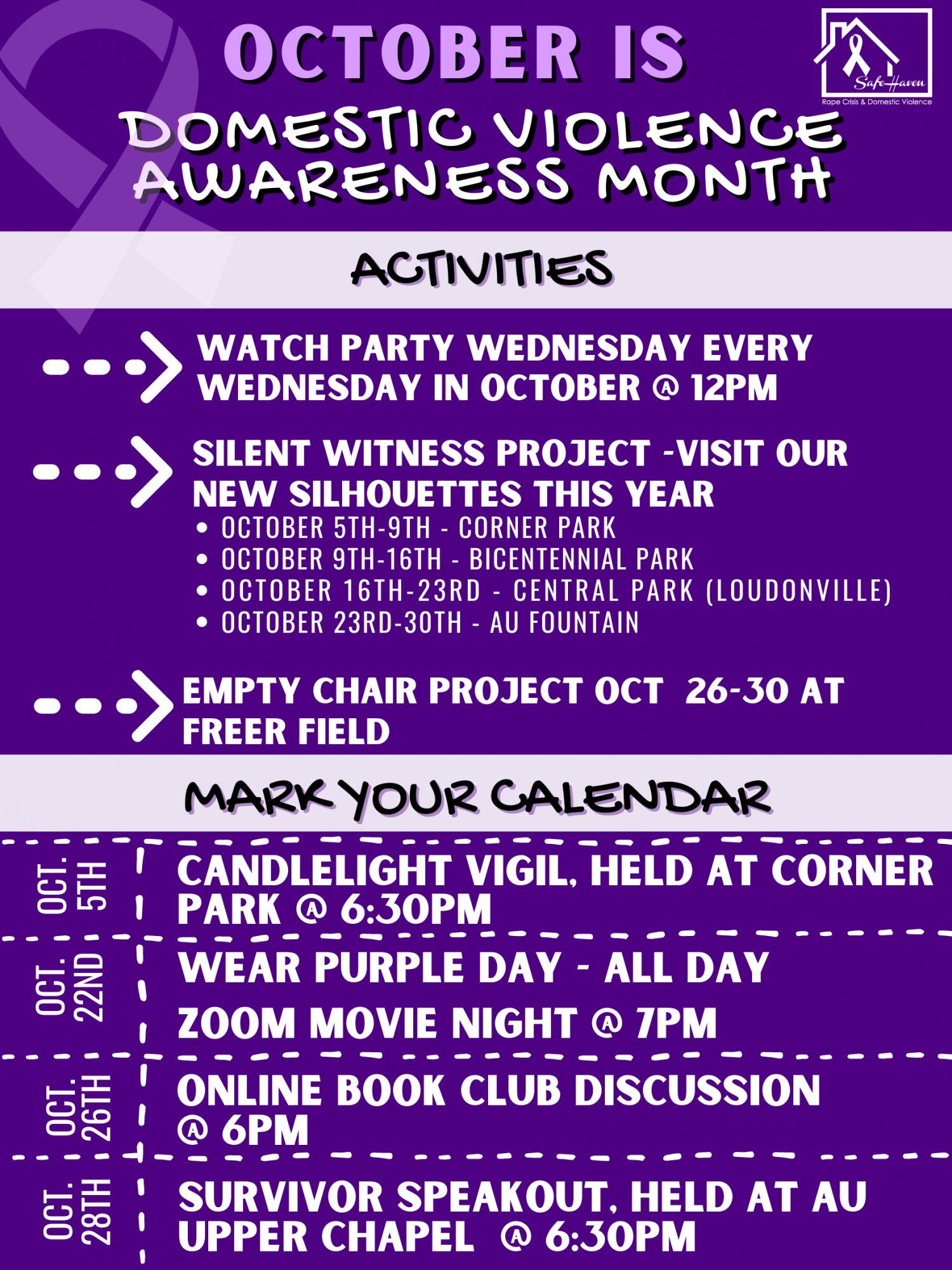 Rape Crisis Domestic Violence Safe Haven Announces Events to Honor Domestic Violence Awareness Month